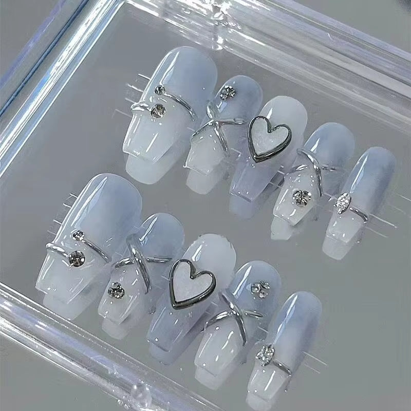 10Pcs Blue Handmade Press on Nails Ombre Fake Nails with 3D Heart Design Glossy Long Silvery Line Stick on Nails for Women Girls