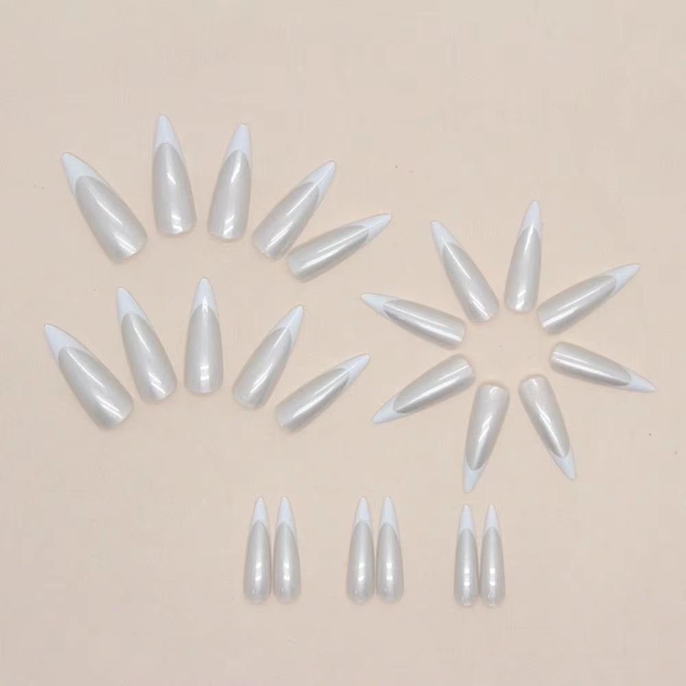 24Pcs Long Stiletto French Fake Nails White Edge Simple Aurora False Nails Full Cover Press on Nails DIY Detachable Manicure