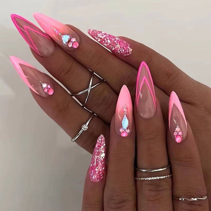 24Pcs Gradient Pink Fake Nails Long Almond False Nails with Pearl Sparkling Design Press on Nails Wearable Manicure Nail Tips