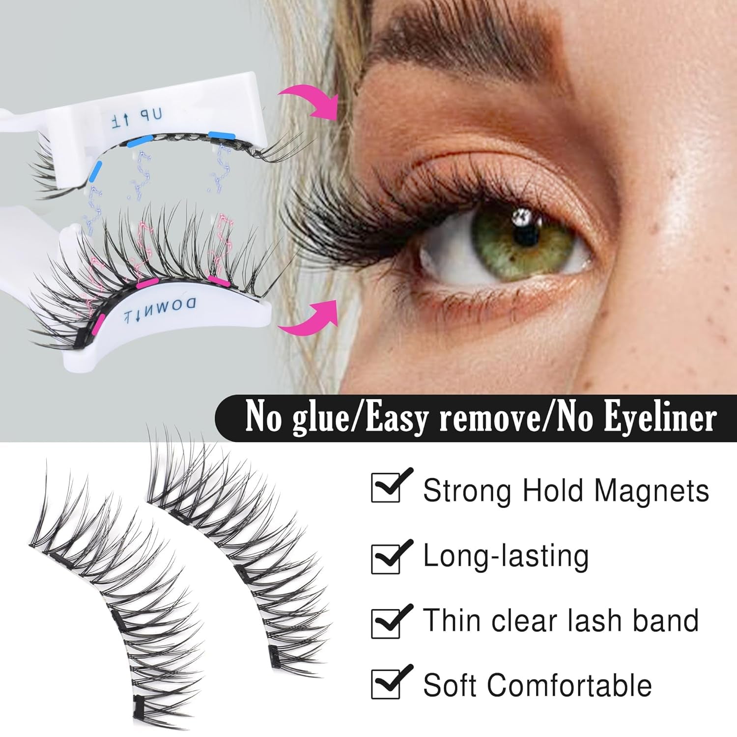 Magnetic Eyelashes No Glue Needed Magnetic False Lash with Applicator 1 Pair Natural Magnetic Eyelashes Magnetic Lashes Kit, Easy to Wear and Remove Magnetic Lashes Pack