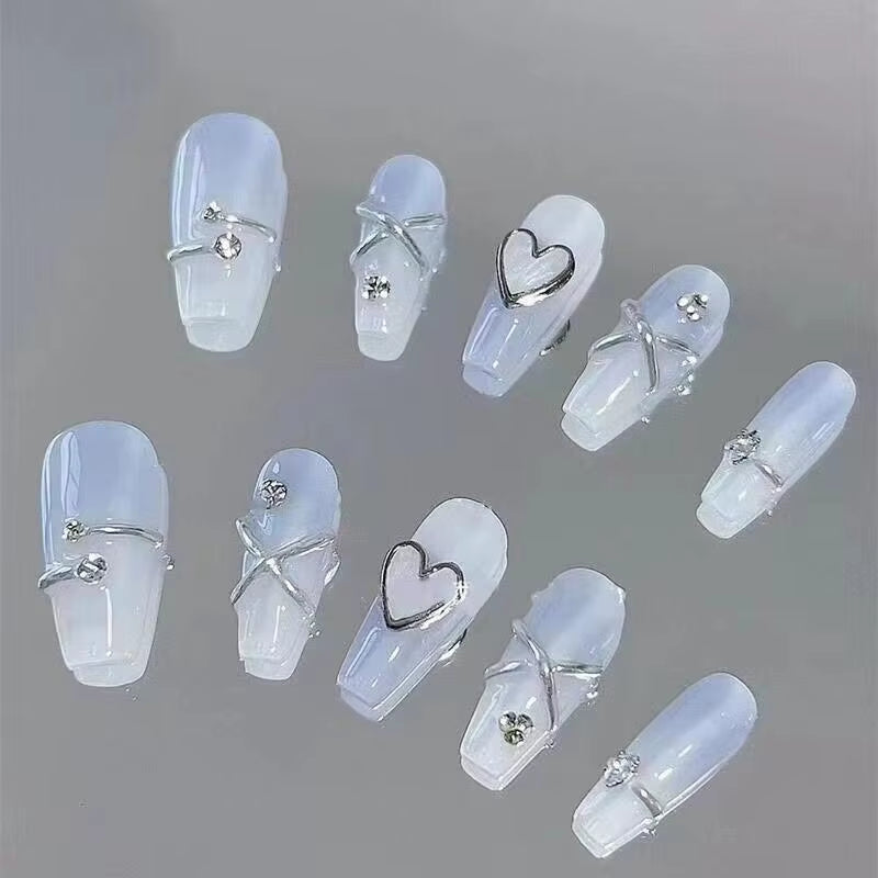 10Pcs Blue Handmade Press on Nails Ombre Fake Nails with 3D Heart Design Glossy Long Silvery Line Stick on Nails for Women Girls