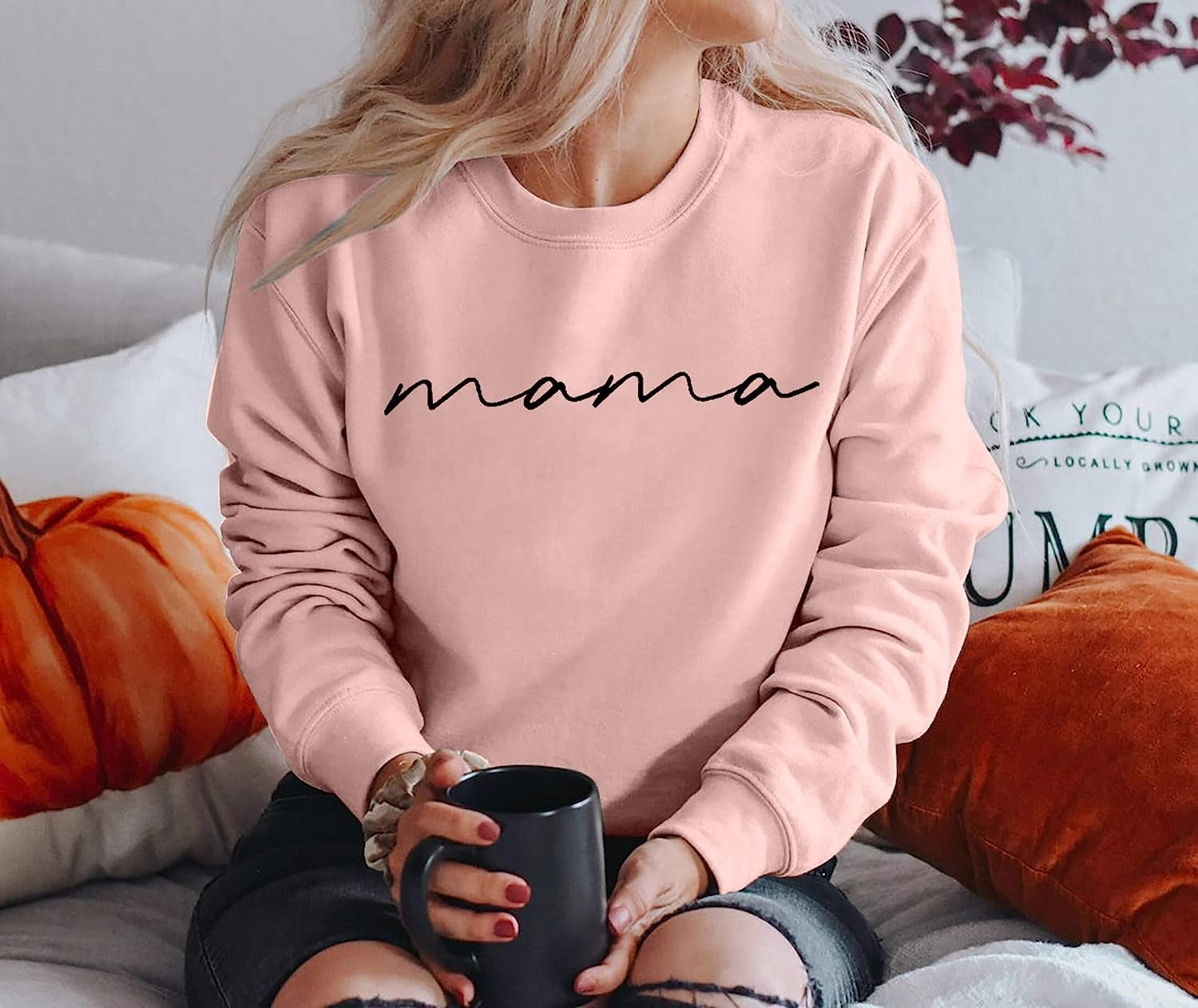 Womens Crewneck Sweatshirt Mama Letter Print Long Sleeve Loose Fashion Pullover Top