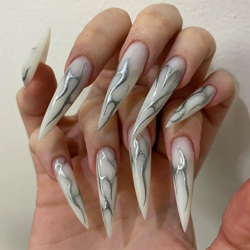 24Pcs Long Stiletto French Fake Nails White Edge Simple Aurora False Nails Full Cover Press on Nails DIY Detachable Manicure