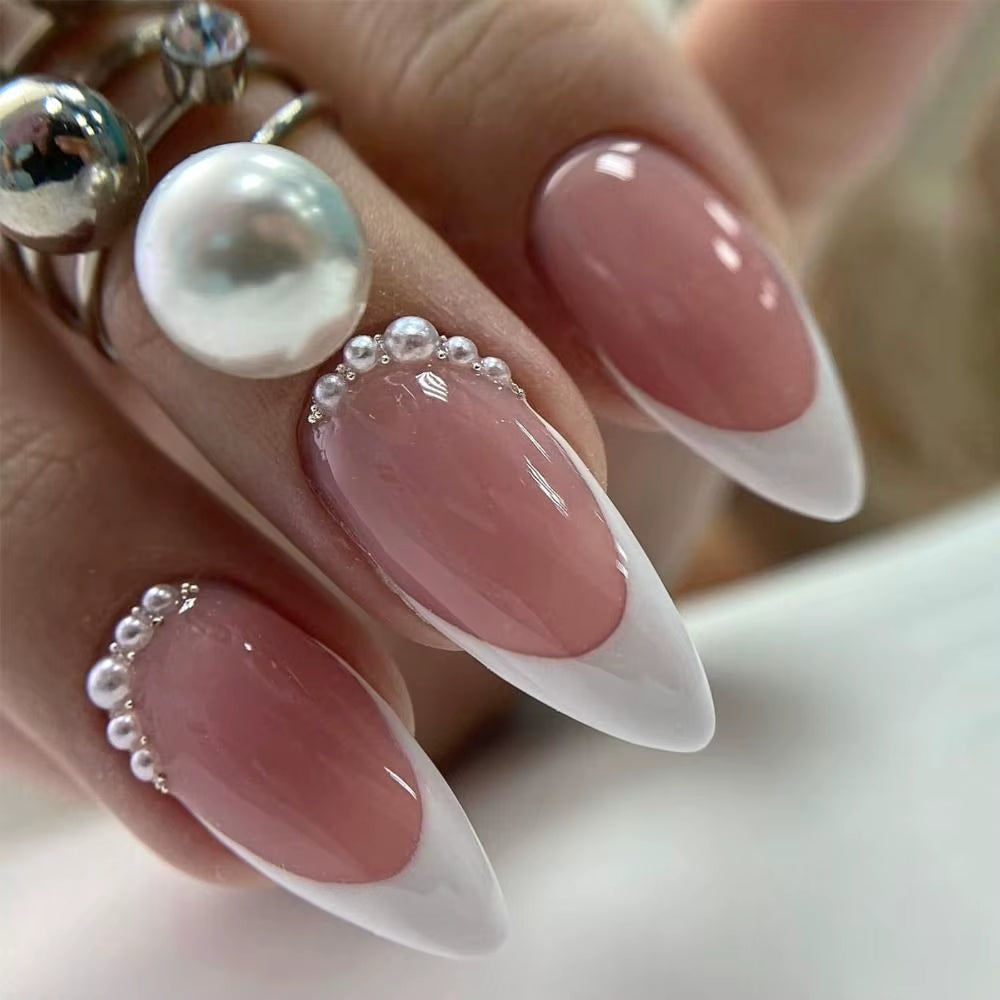 24Pcs Gradient Pink Fake Nails Long Almond False Nails with Pearl Sparkling Design Press on Nails Wearable Manicure Nail Tips