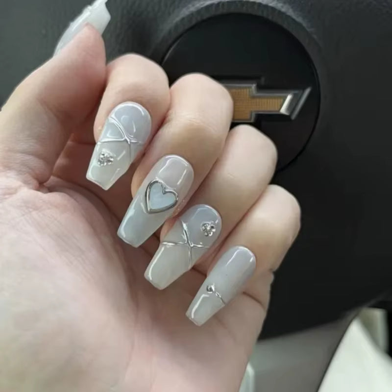 10Pcs Blue Handmade Press on Nails Ombre Fake Nails with 3D Heart Design Glossy Long Silvery Line Stick on Nails for Women Girls