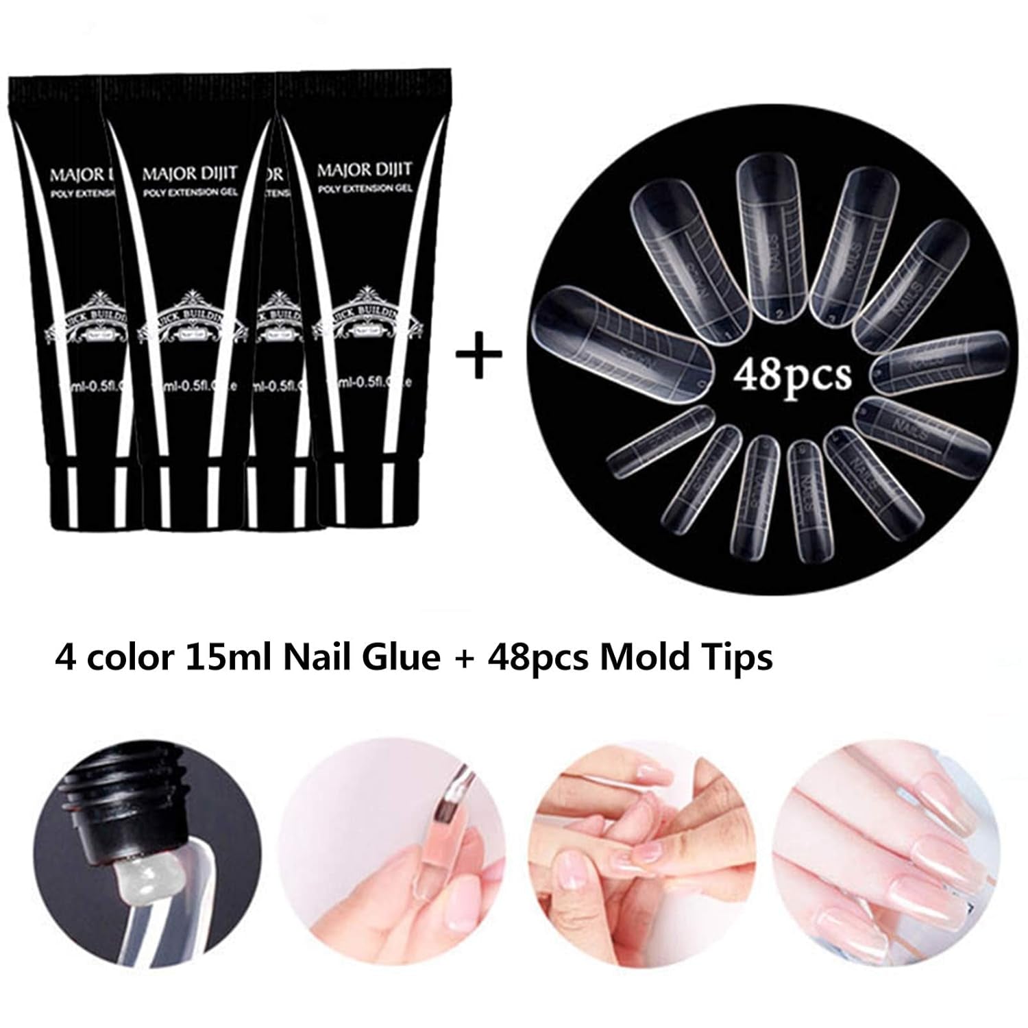 Nail Glue Nail Extension + 48Pcs Quick Building Mold Tips Gel Builder Set Quick Dry Nail Art Tools